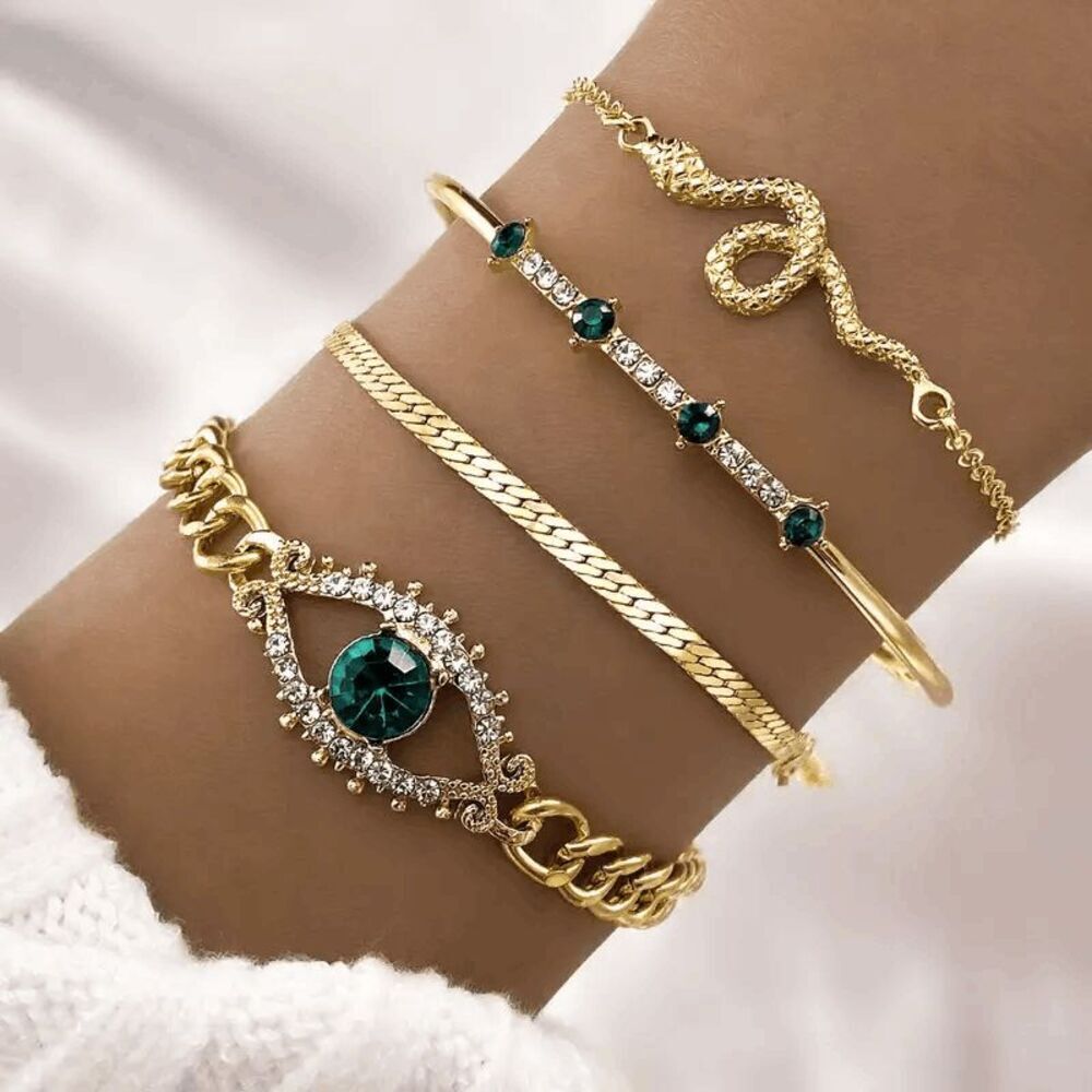 Evil Eye Diamond Emerald Snake Bracelet Set - 4 piece